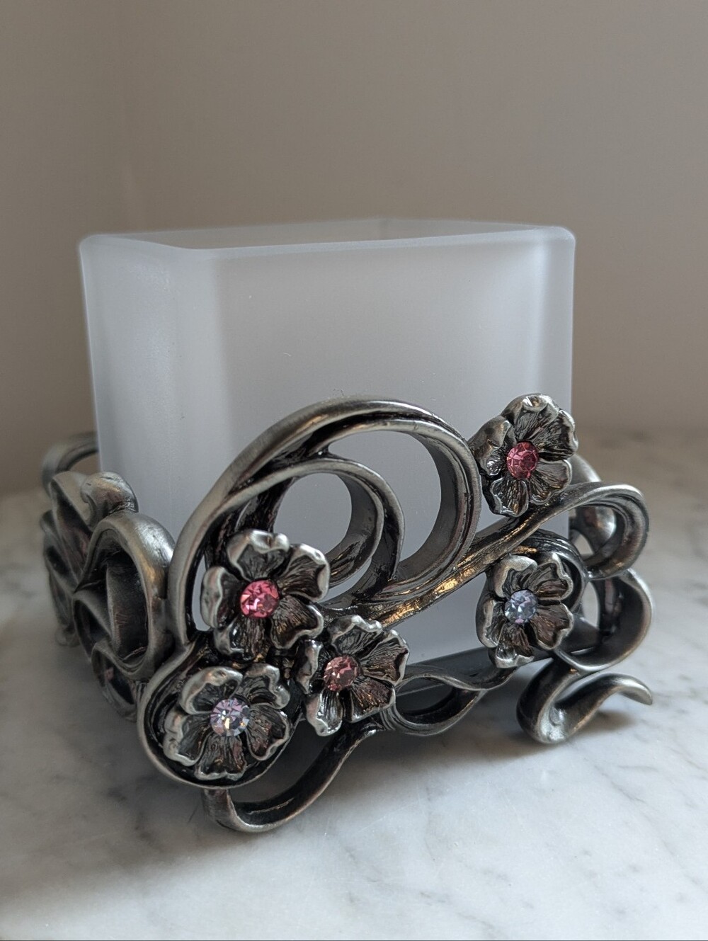 PartyLite Pewter Floral Crystal Votive Candle Holder - Pink/Light Purple Accents